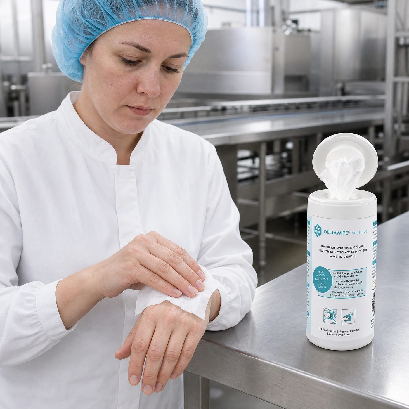 DELTAWIPE — Lebensmittelbetrieb, Handhygiene an der Produktionslinie