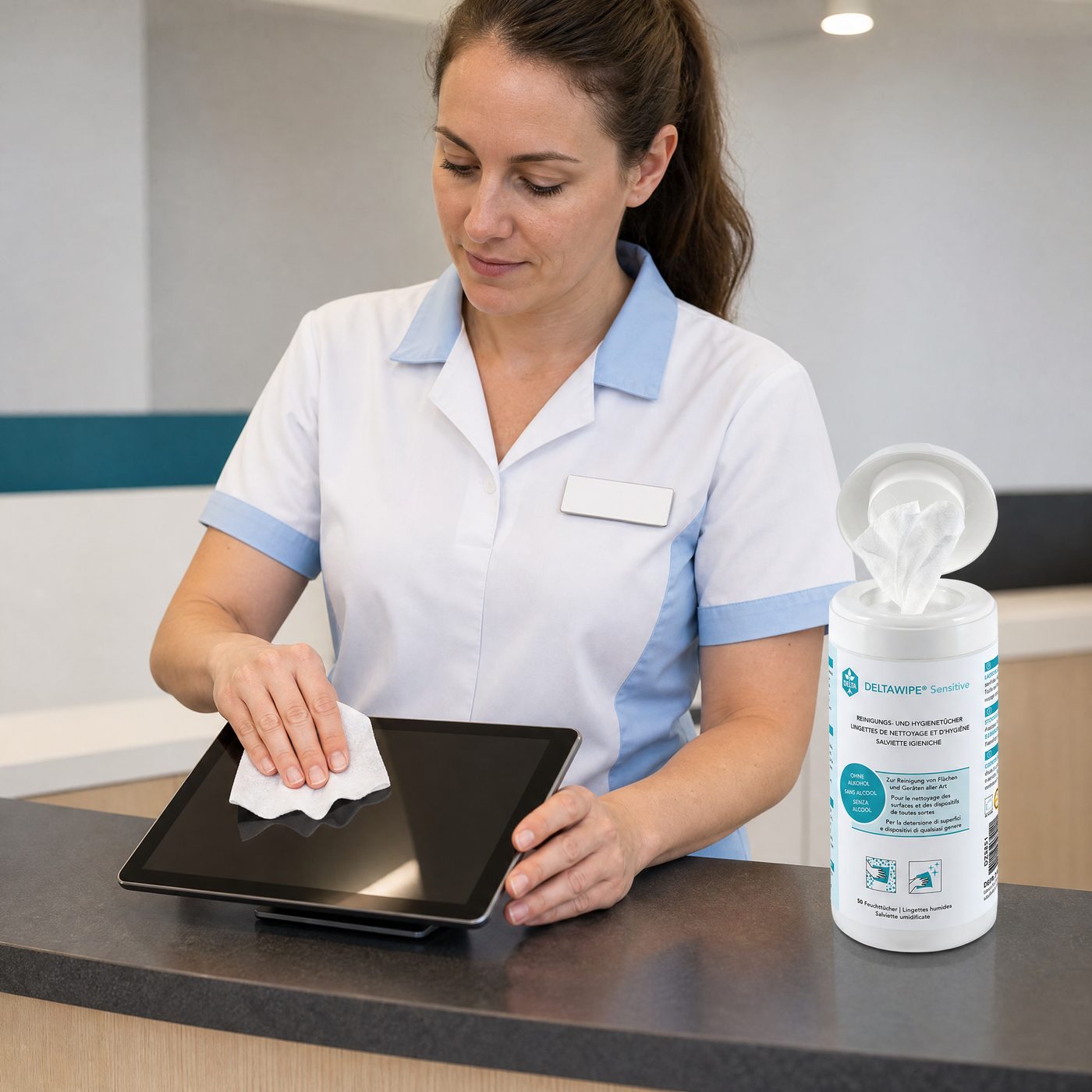 DELTAWIPE — Praxisempfang, Check-in-Tablet wird gereinigt