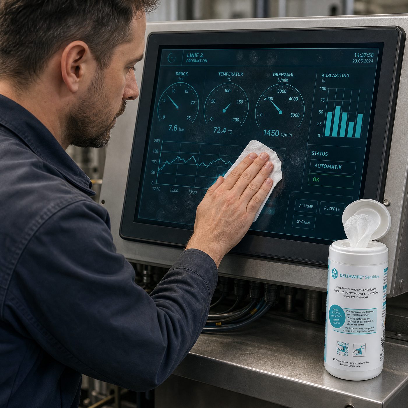 DELTAWIPE — Industrie-HMI-Touchscreen wird gereinigt, halb gewischt