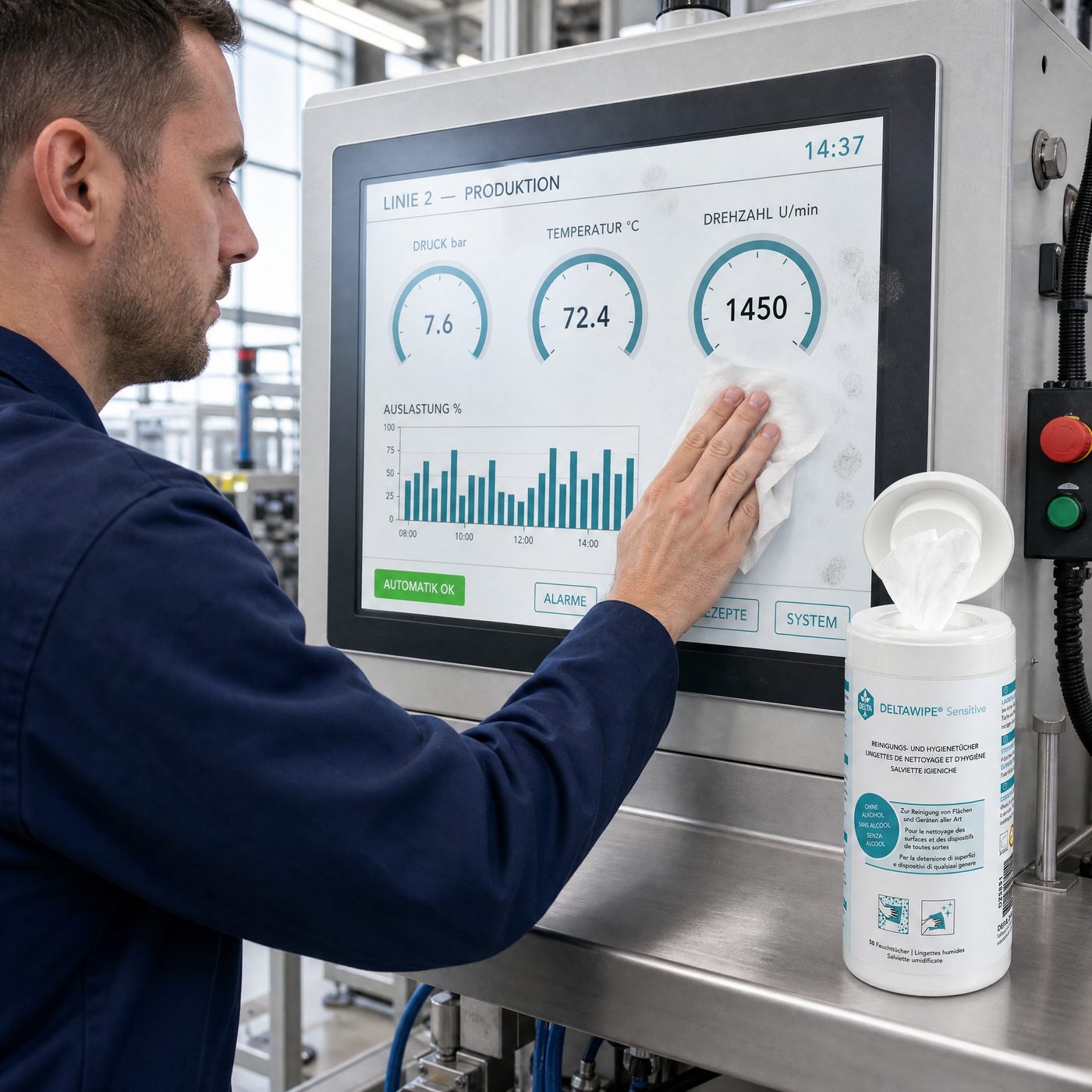 DELTAWIPE — Industrie-HMI-Touchscreen wird gereinigt, halb gewischt