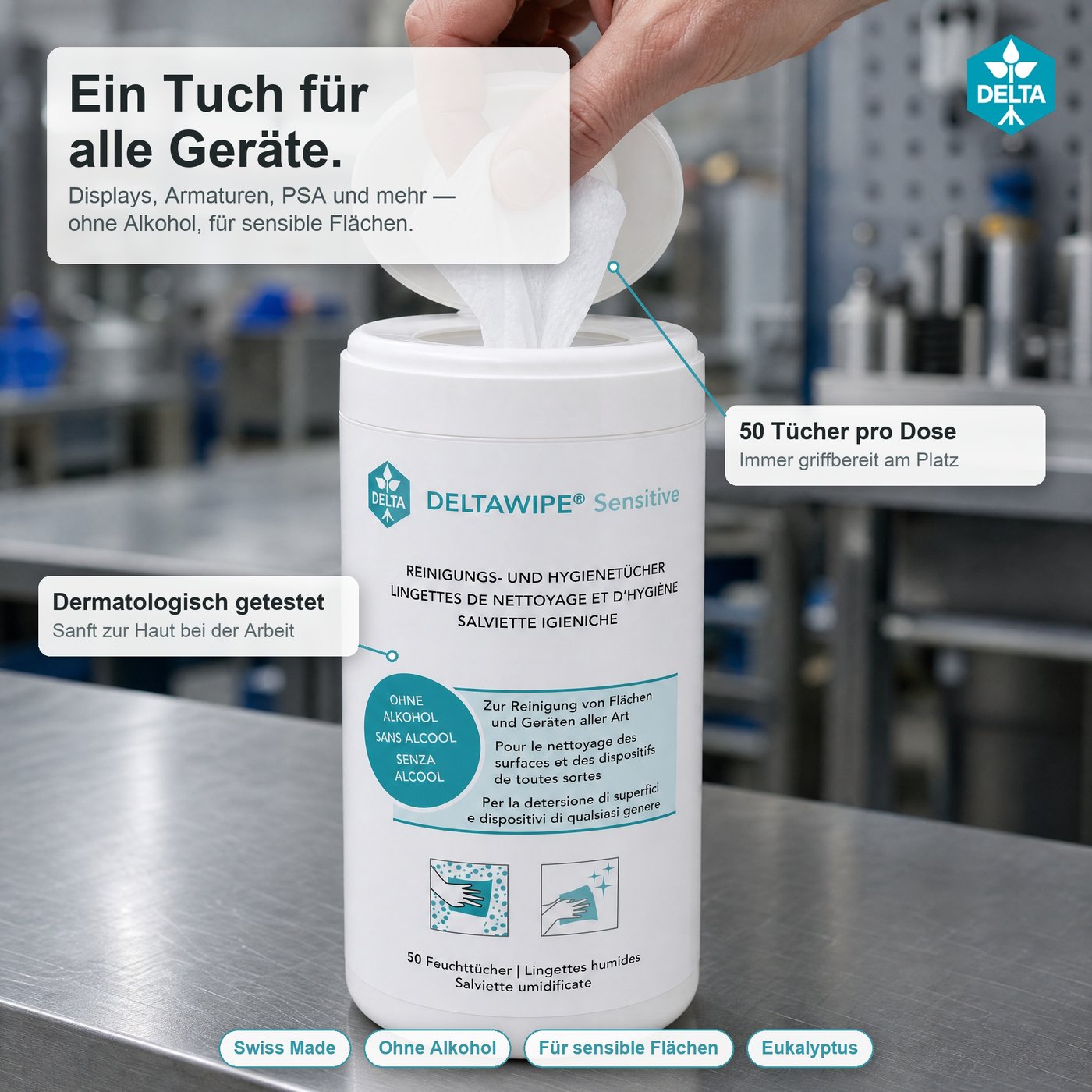 DELTAWIPE Sensitive 50 — Infografik mit Nutzen-Callouts und Kennzahlen