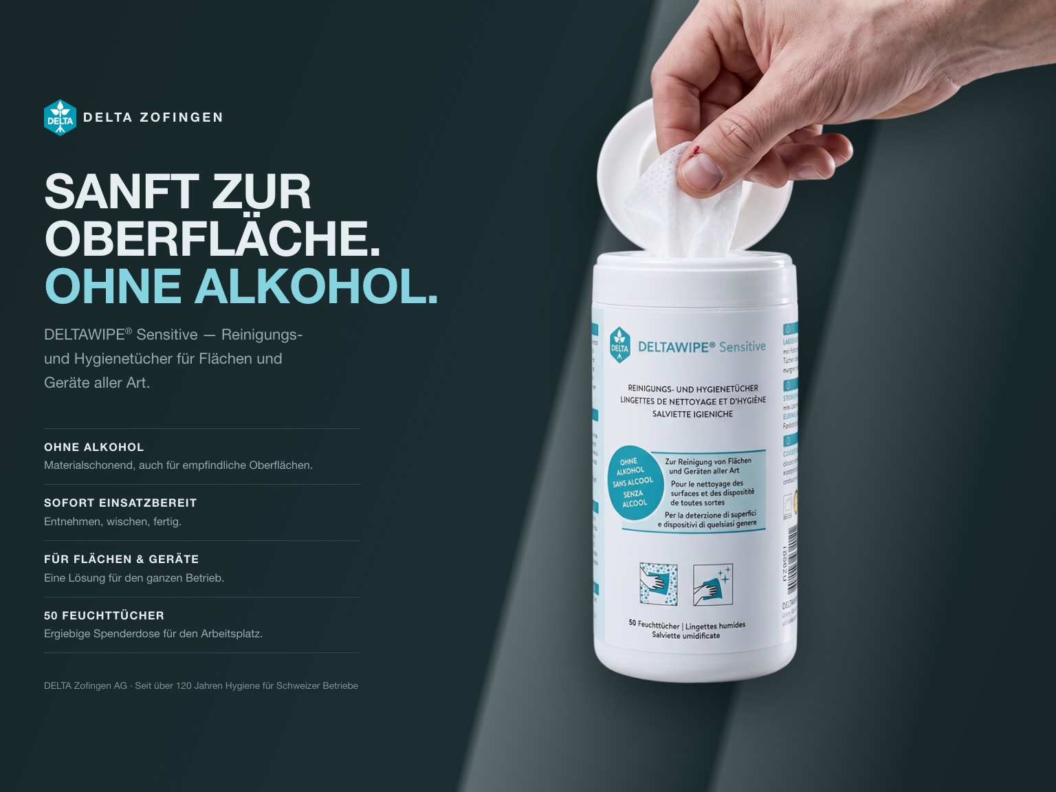 DELTAWIPE Sensitive — Key Visual: Sanft zur Oberfläche, ohne Alkohol — Spenderdose mit Tuch in der Entnahme
