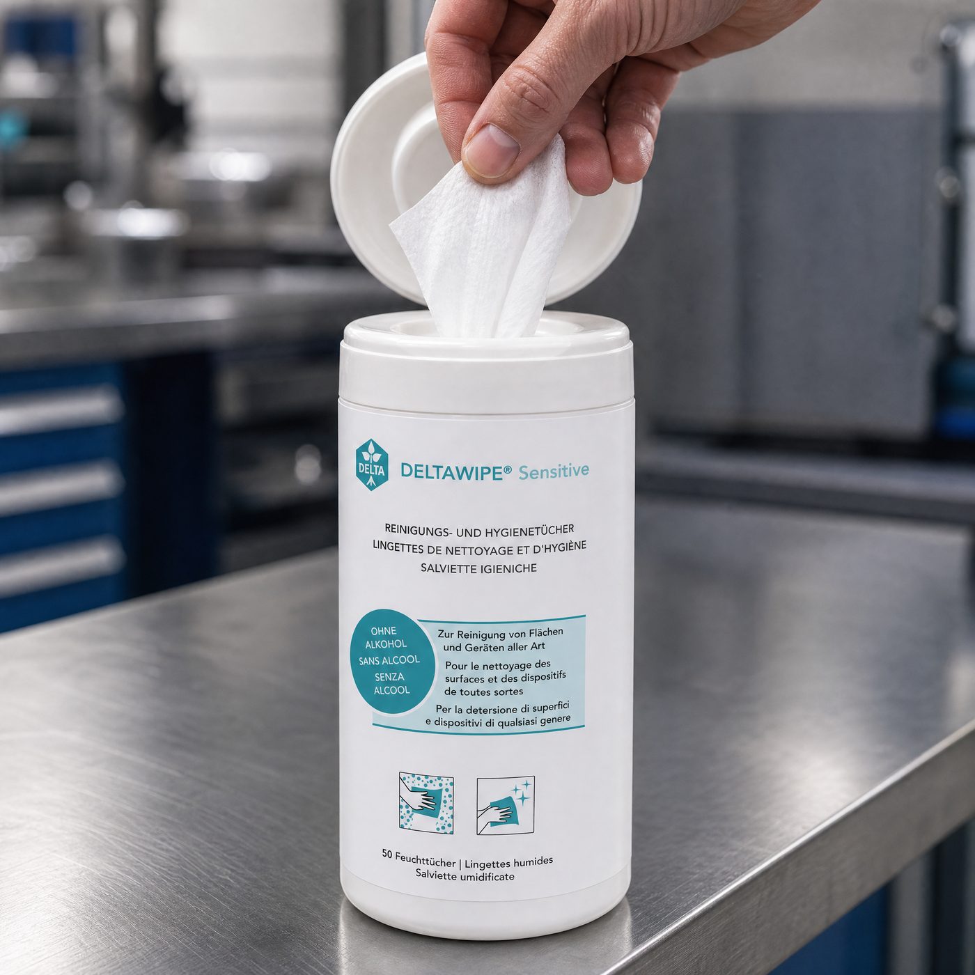 DELTAWIPE Sensitive 50 — Spenderdose am Arbeitsplatz, Tuch in der Entnahme
