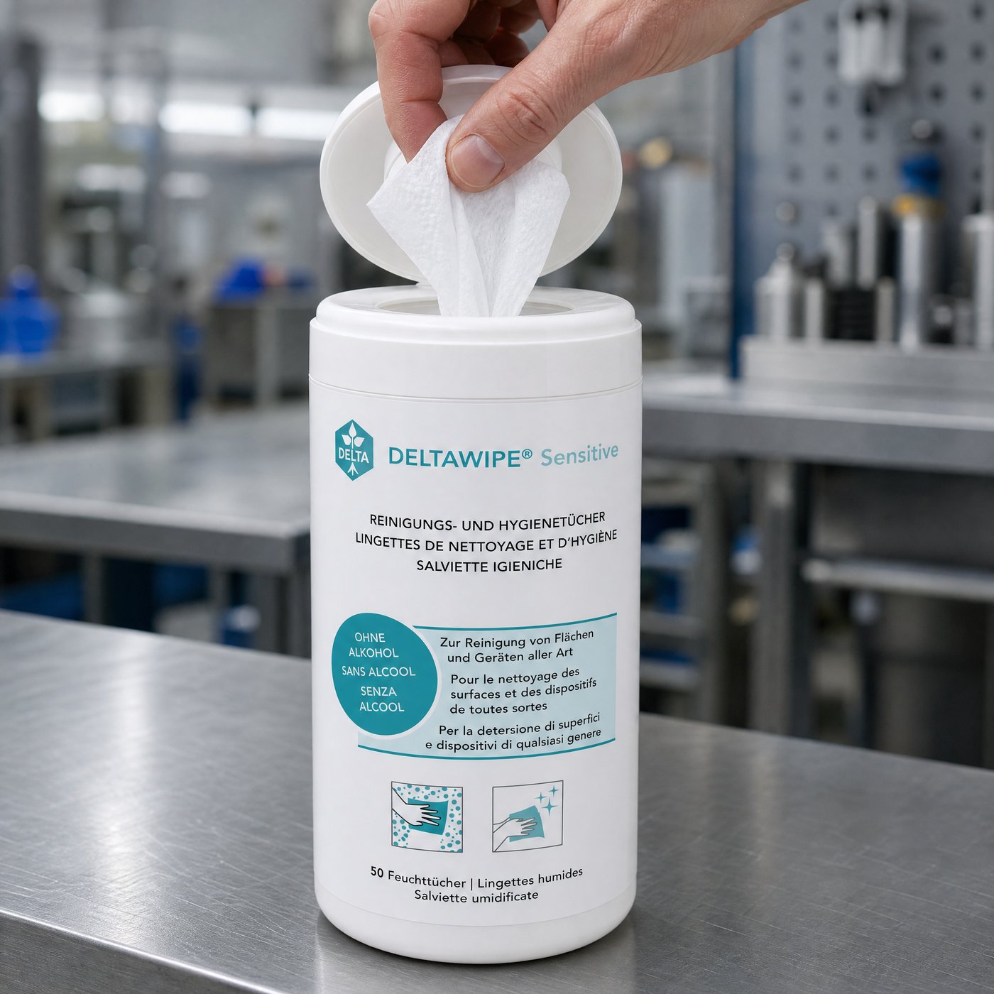 DELTAWIPE Sensitive 50 — Makroaufnahme der Spenderdose, Tuch in der Entnahme, Etikett vollständig lesbar